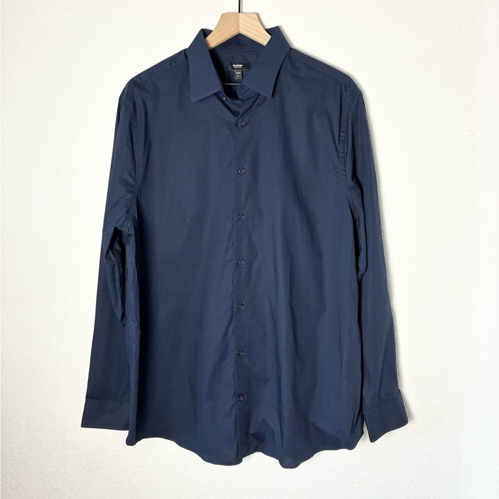 Express Classic Solid Cotton Stretch Navy Blue Button Down 1MX Dress Shirt